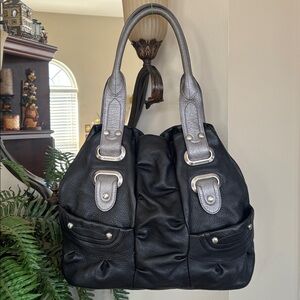 Vintage B. Makowsky Black Leather Slouchy Hobo Shoulder Bag Silver Gray Purse